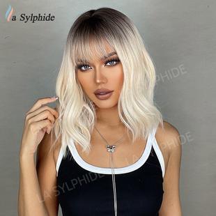 亚马逊新品 热销国产丝有头皮齐刘海短卷发亚麻色渐变金色女士hair