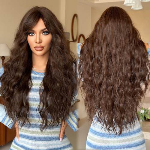 假发女茶棕色长卷发偏分刘海大波浪减龄蓬松全头套跨境化纤假发