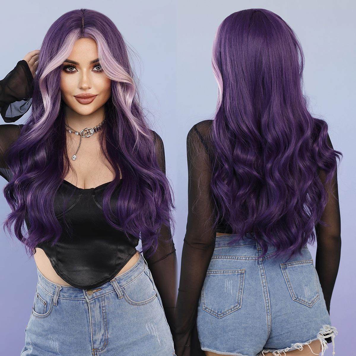 Long Wavy Purple Wig Middle Part Highlight skunk Hair