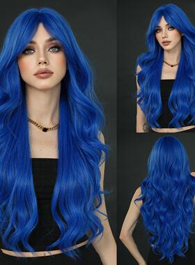 网红深蓝色假发长卷发亚比亚文化长发公主Y2K风格女生假发全头套
