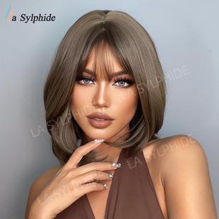 外贸欧美女士 化纤机织假发头套 空气刘海微卷锁骨发 棕色BOBO头