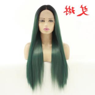 化纤假发欧美时尚黑色渐变草绿色长直发前蕾丝半手勾头套厂家