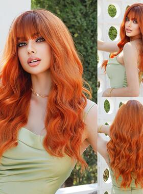 欧美橙色假发 齐刘海波浪长卷发姜色假发头套Orange Ginger Wigs