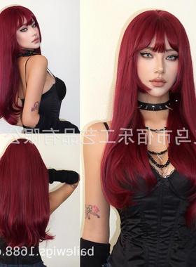 红色假发刘海公主切自然长卷发全头套跨境新款synthetic hair