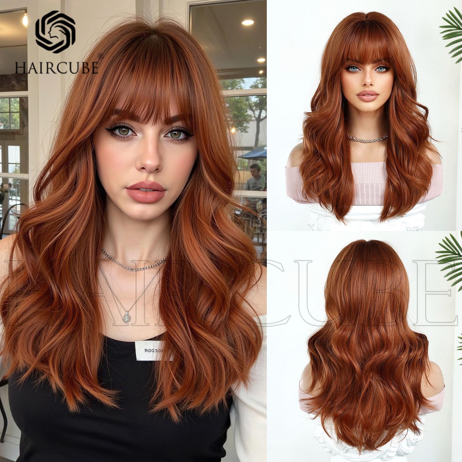 齐刘海橘色中长卷发自然机制化纤头套高温丝女士假发全头套