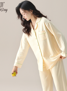 Huggy Kissy 女士翻领开衫睡衣秋冬季长袖宽松可外穿家居服套装