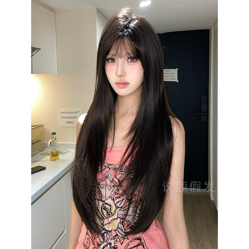 说鹿假发女长发黑茶色长直发圆脸lolita自然全头套黑长直假发