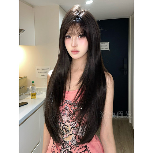 说鹿假发女长发黑茶色长直发圆脸lolita自然全头套黑长直假发