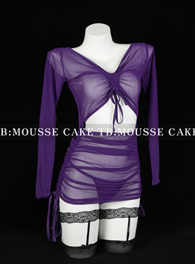 性感纯欲网纱透视紫色韵味抽褶包臀裙情侣约会制服睡裙晴趣qqny