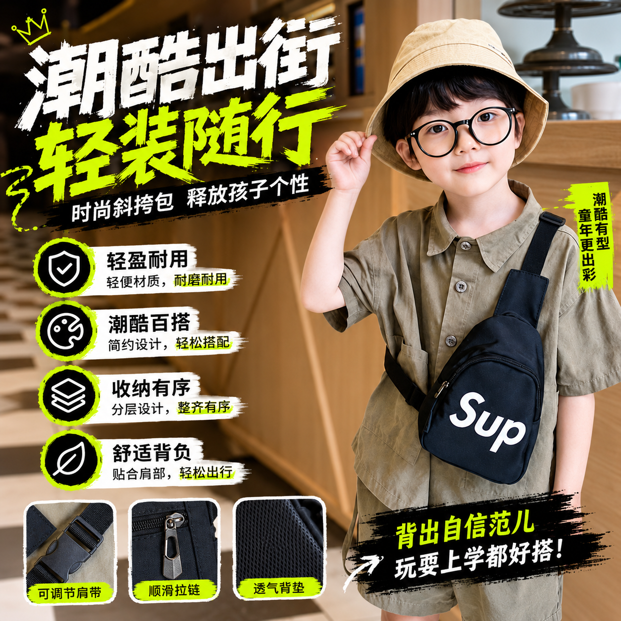 儿童包包男童潮酷斜挎包帅气男孩休闲外出轻便运动单肩2026新款