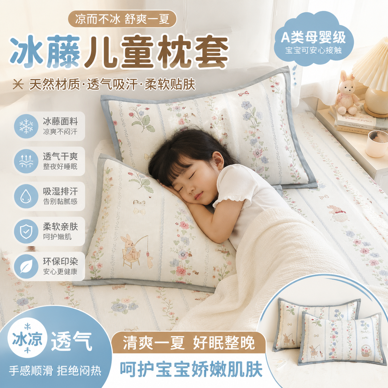 儿童专用夏天枕头套防出汗枕芯隔离保护套冰丝凉感可水洗一对装