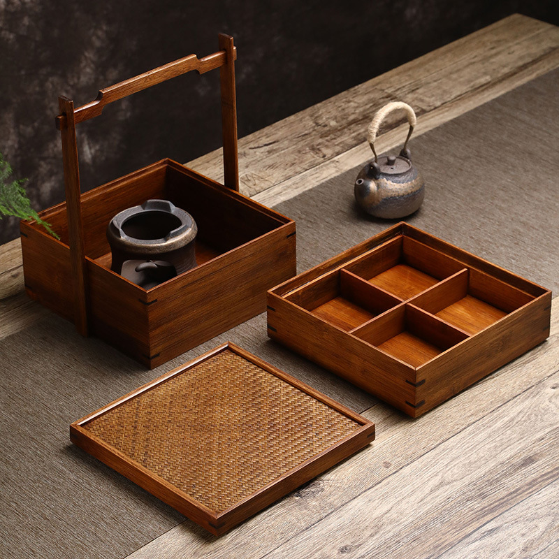 竹制双层点心提盒大漆茶箱席面户