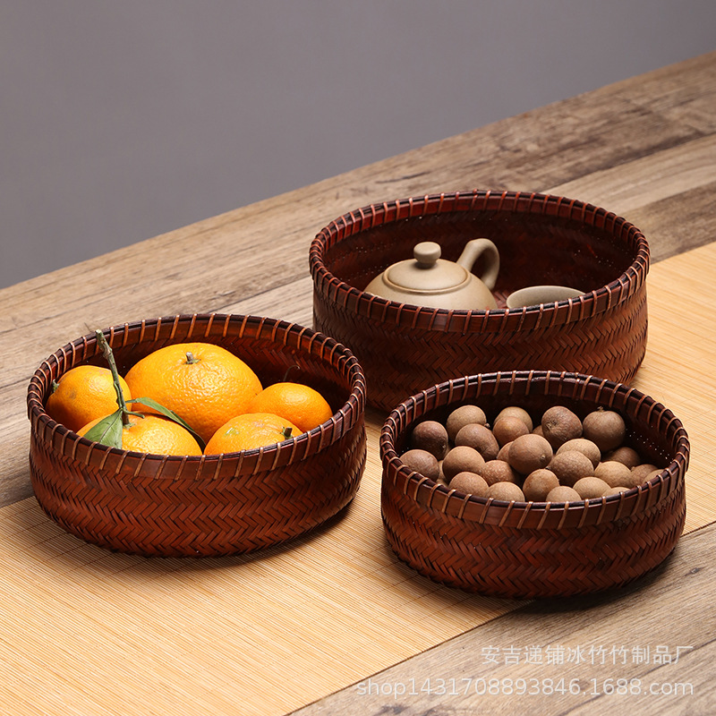 清仓竹编篮圆形仿古茶点盘中式点