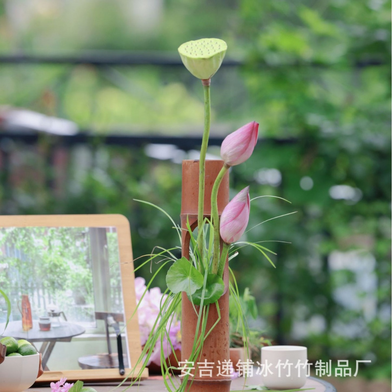 日式干花竹筒花瓶茶道竹制复古花
