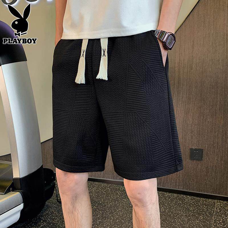 花花公子五分短裤男士夏季新款宽松直筒华夫格中裤潮流休闲裤子男