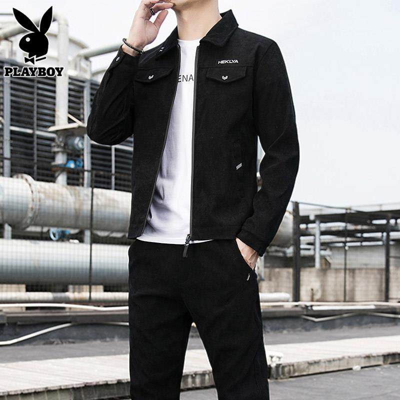 花花公子休闲套装男士春季新款夹克外套潮牌搭配帅气运动服男一套