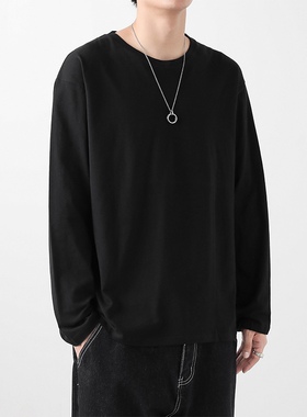 吾一白春秋男款上衣服宽松男士白T恤长袖内搭重磅圆领男生打底衫