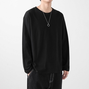 内搭重磅圆领男生打底衫 白T恤长袖 上衣服宽松男士 吾一白春秋男款