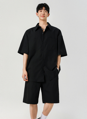 吾一白夏季薄款2026新款男生冰丝凉感衬衫套装男士休闲潮短袖短裤