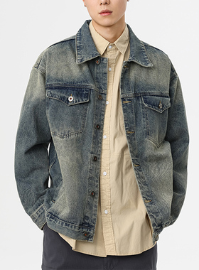 吾一白春秋季新款男生美式宽松复古潮流水洗牛仔外套男士休闲夹克