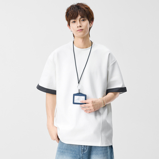 宽松落肩格纹短袖 男生休闲宽松拼接T恤男士 2026新款 吾一白夏季