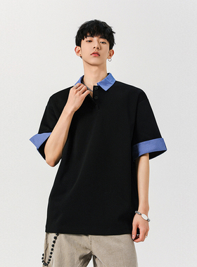 吾一白夏季2025新款男生美式假两件衬衫Polo短袖男士宽松休闲t恤