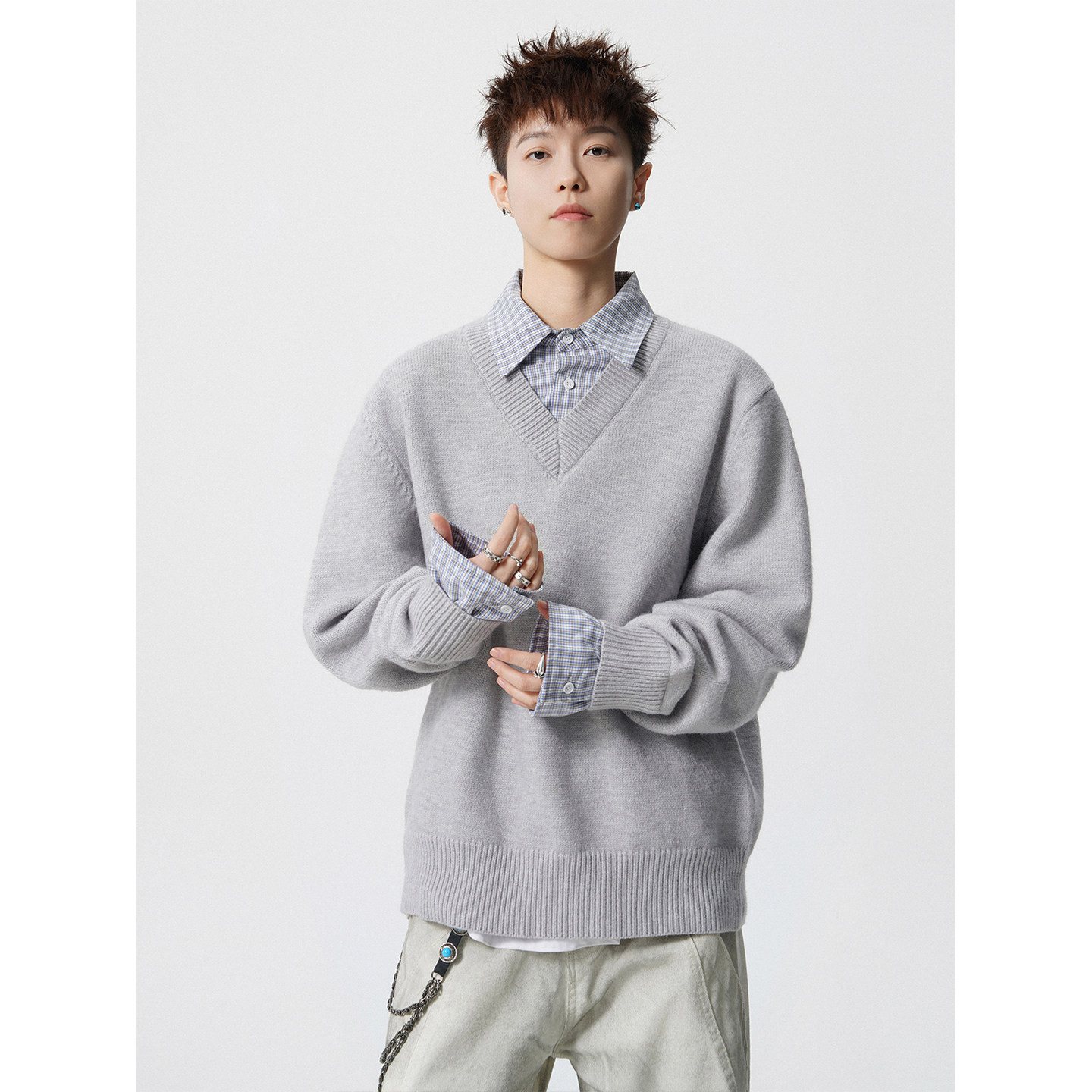 吾一白冬季2025新款男生美式宽松假两件格子毛衣男士情侣针织衫,男装,针织衫/毛衣,淘宝优惠券,粉丝福利购,淘宝优惠卷