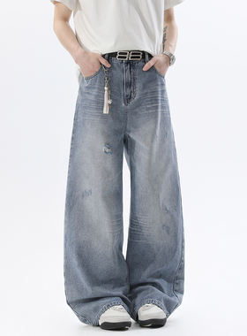 吾一白春秋季2026新款男生美式水洗宽松牛仔裤拉链做旧休闲直筒裤