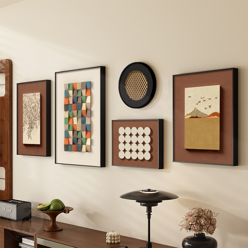 法式意式极简客厅装饰画复古沙发背景墙挂画中古风多巴胺餐厅壁画