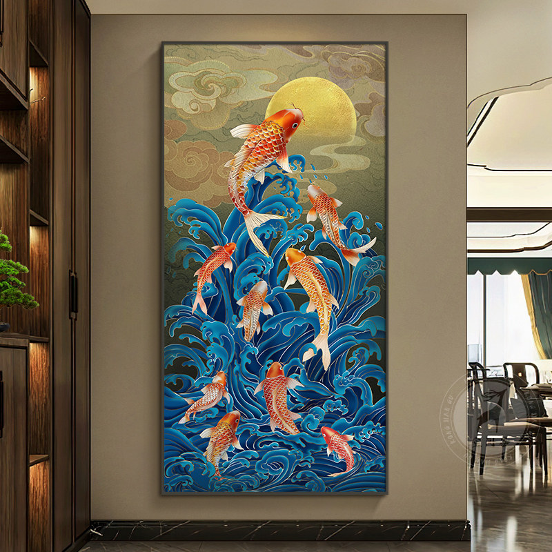 九鱼聚财图入户玄关装饰画正对门壁画中式走廊过道背景墙挂画,家居饰品,现代装饰画,淘宝优惠券,粉丝福利购,淘宝优惠卷