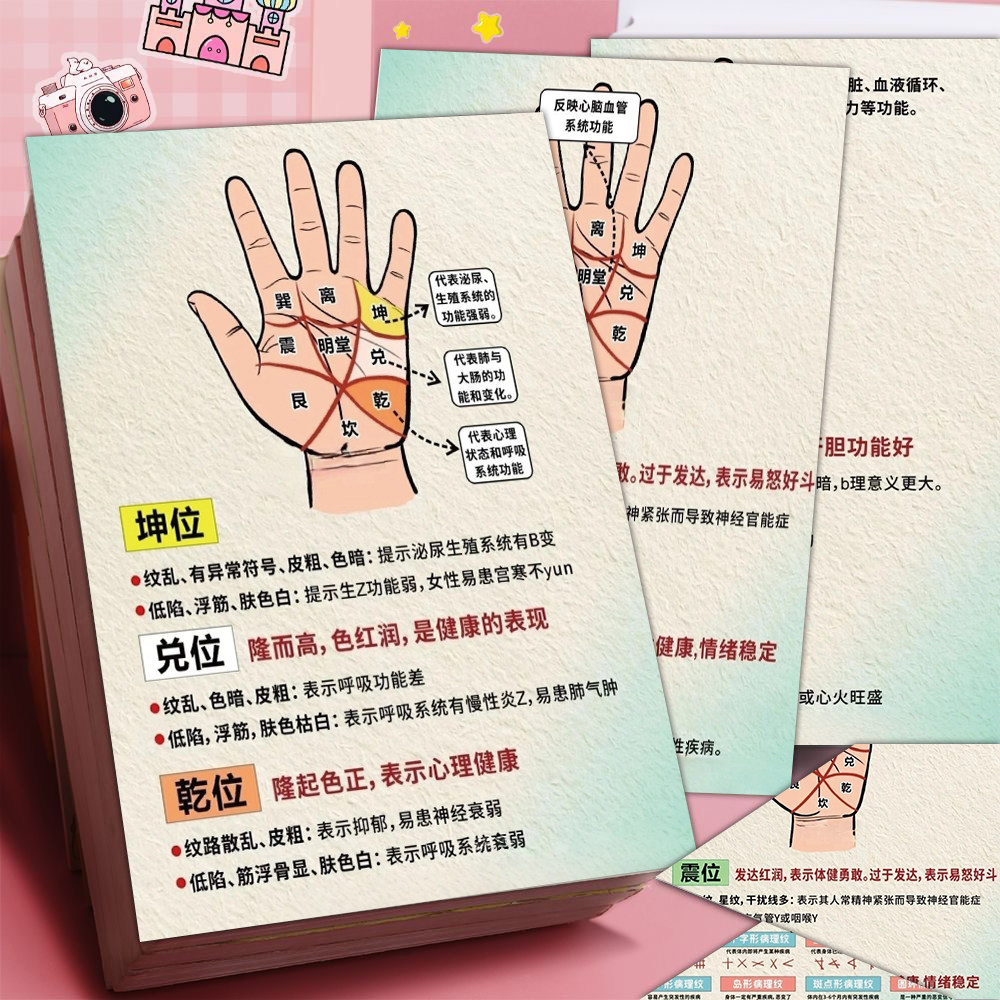 6张九宫手诊贴纸手部手相养生穴位坤位兑位乾位健康解读图防水贴
