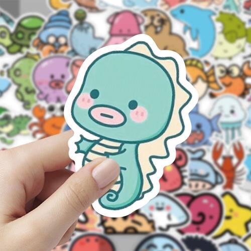100张Q版海洋生物贴纸可爱卡通女孩儿童装饰手机壳行李箱防水贴画