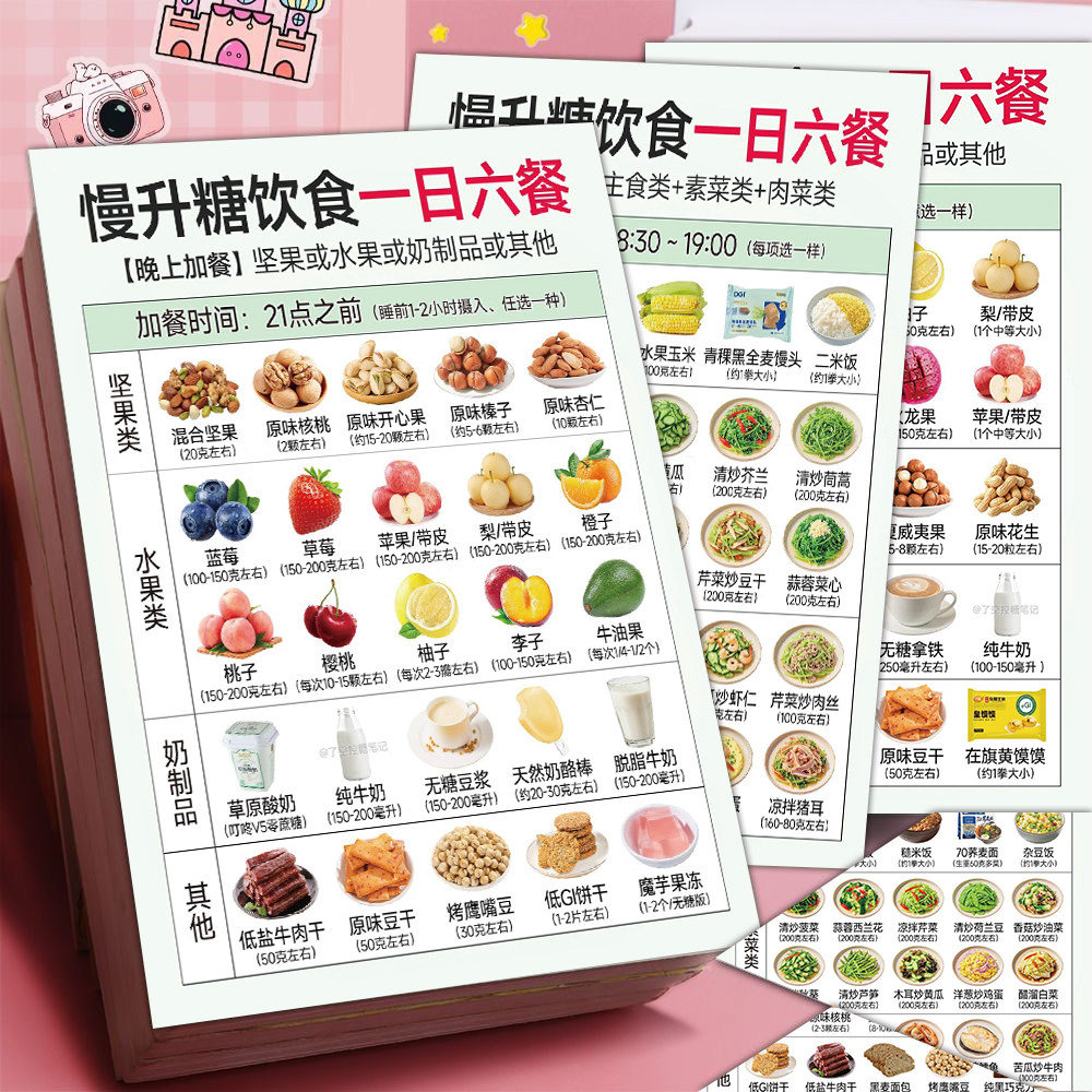 6张糖友食谱贴纸慢升糖低糖饱腹感饮食食物搭配手帐素材防水贴画