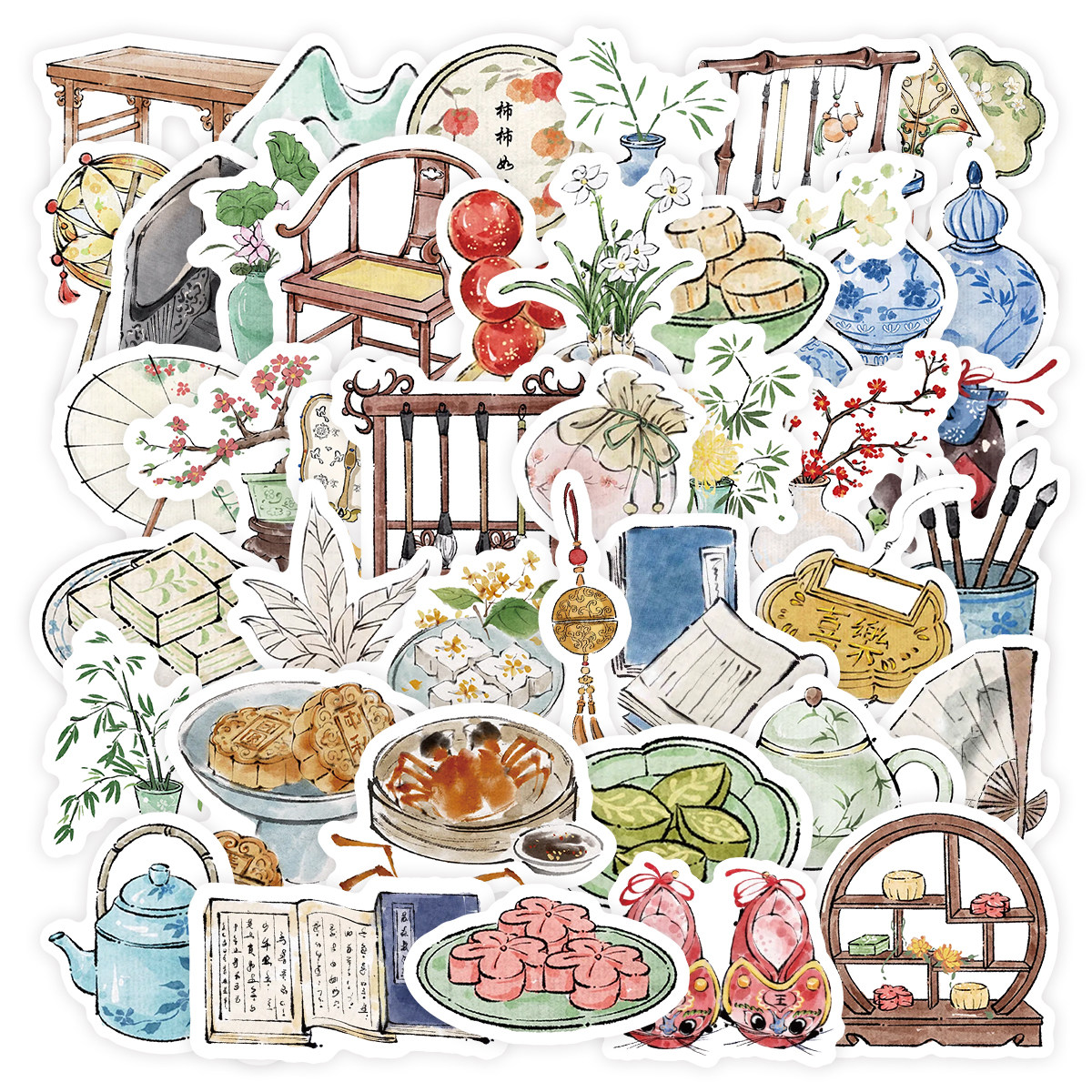 96张古风饰品贴纸中国传统文化中秋节月饼国风装饰手机壳防水贴画