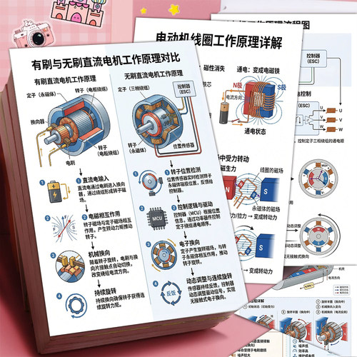 6张电动机线圈工作贴纸电机原理电子机械学习笔记素材装饰防水贴