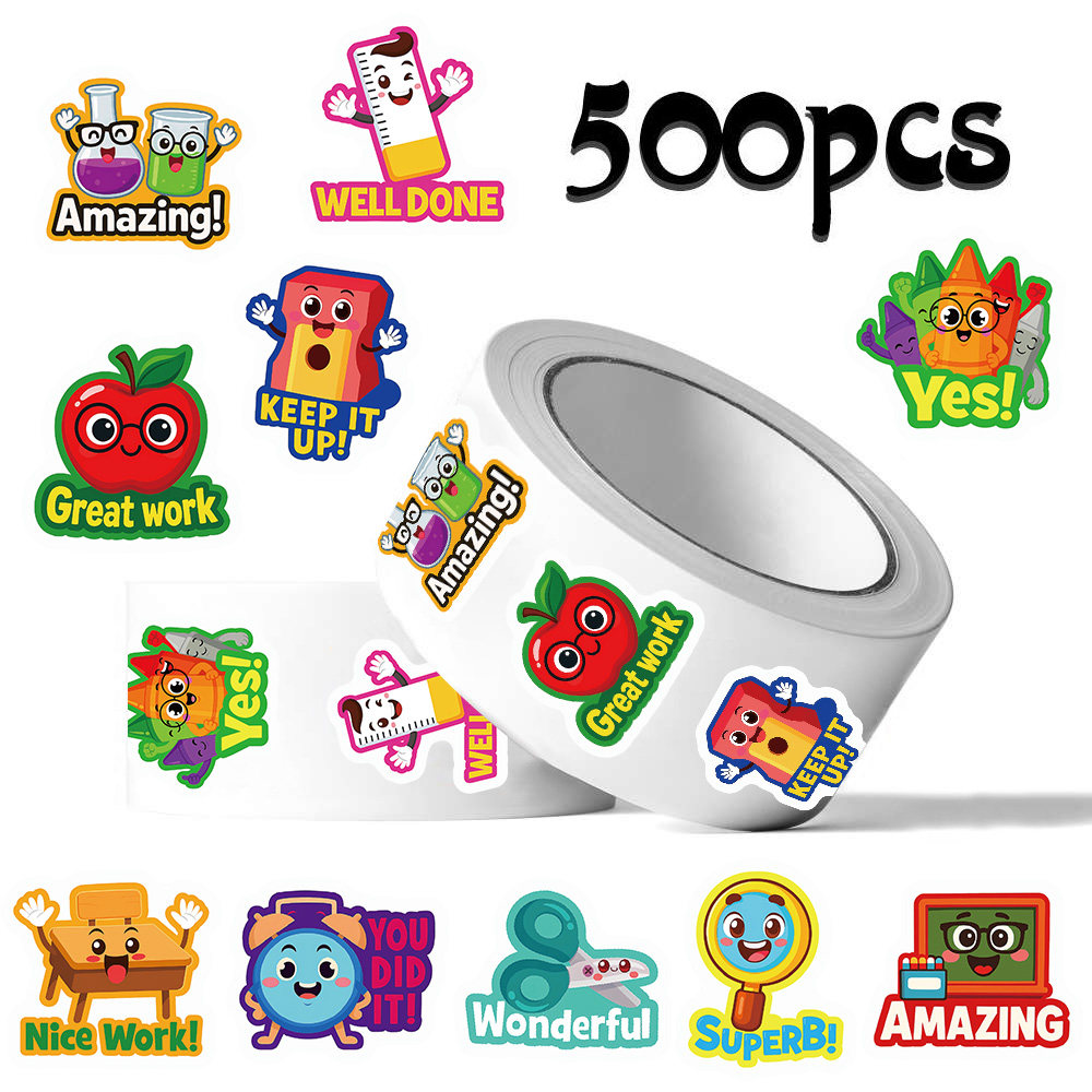 1000贴儿童文具英文奖励卷卷贴闹钟剪刀放大镜装饰手机壳防水贴画