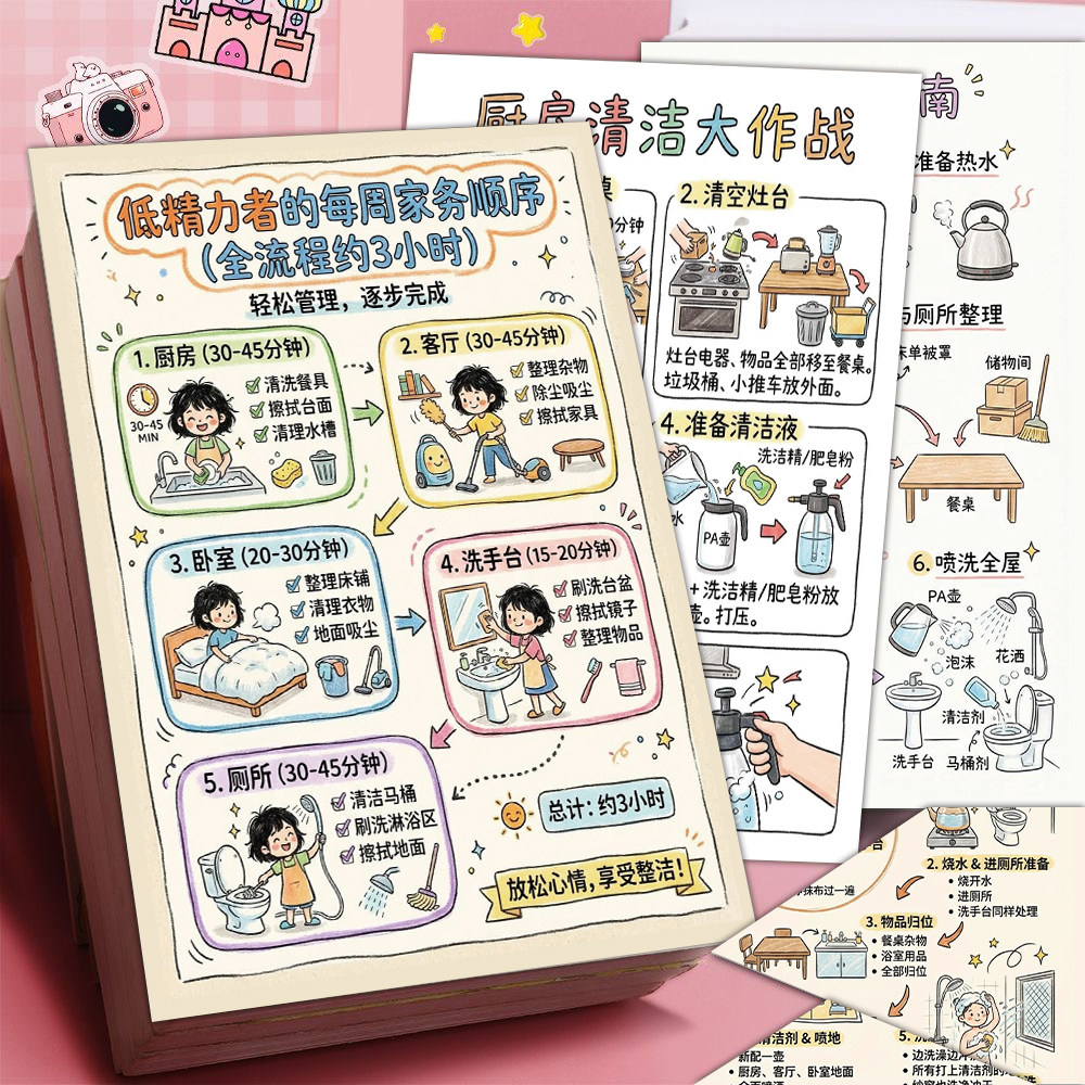 6张低精力者周末家务攻略贴纸高效家务流程降低心理压力防水贴画