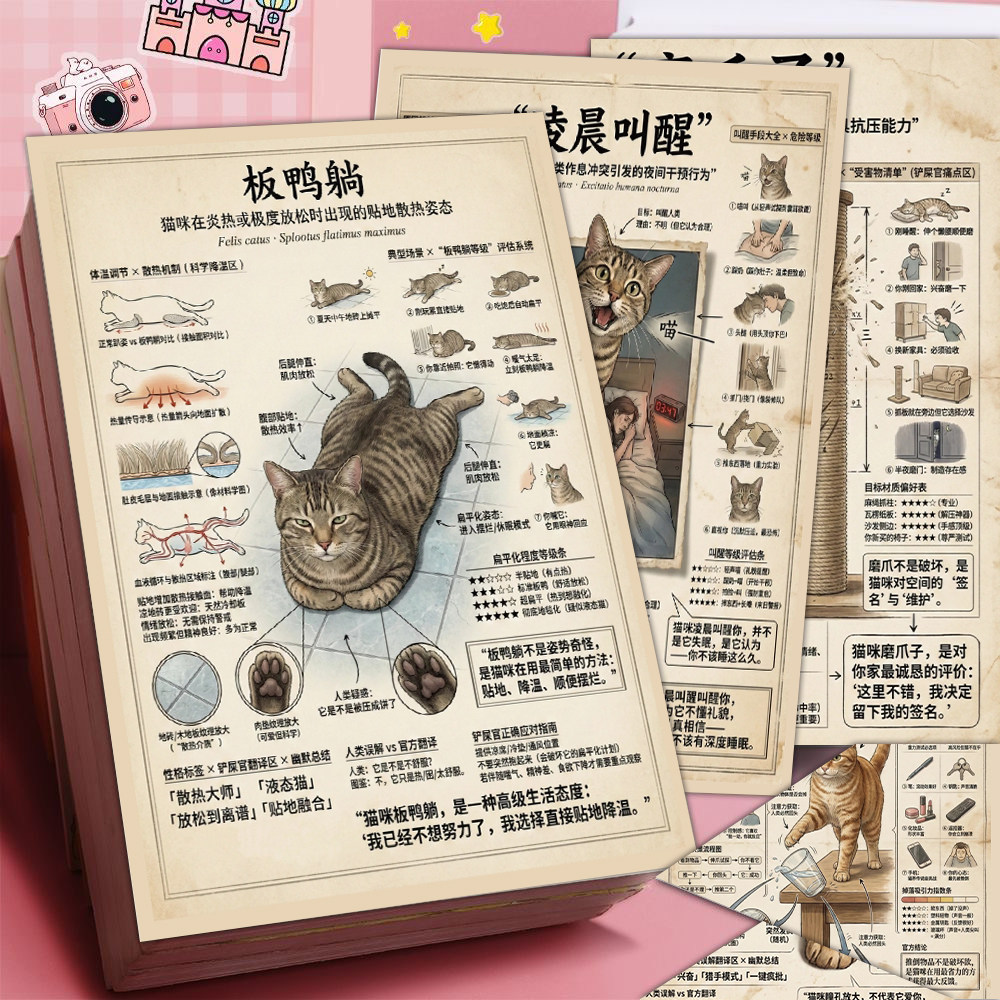 6张猫咪行为分析图鉴贴纸猫咪行为说明书猫咪迷惑行为装饰防水贴