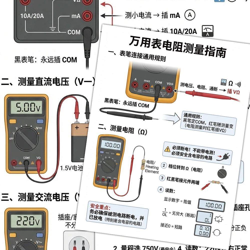 6张万用表电工知识零基础学习电工知识电压和电阻万用表使用指南
