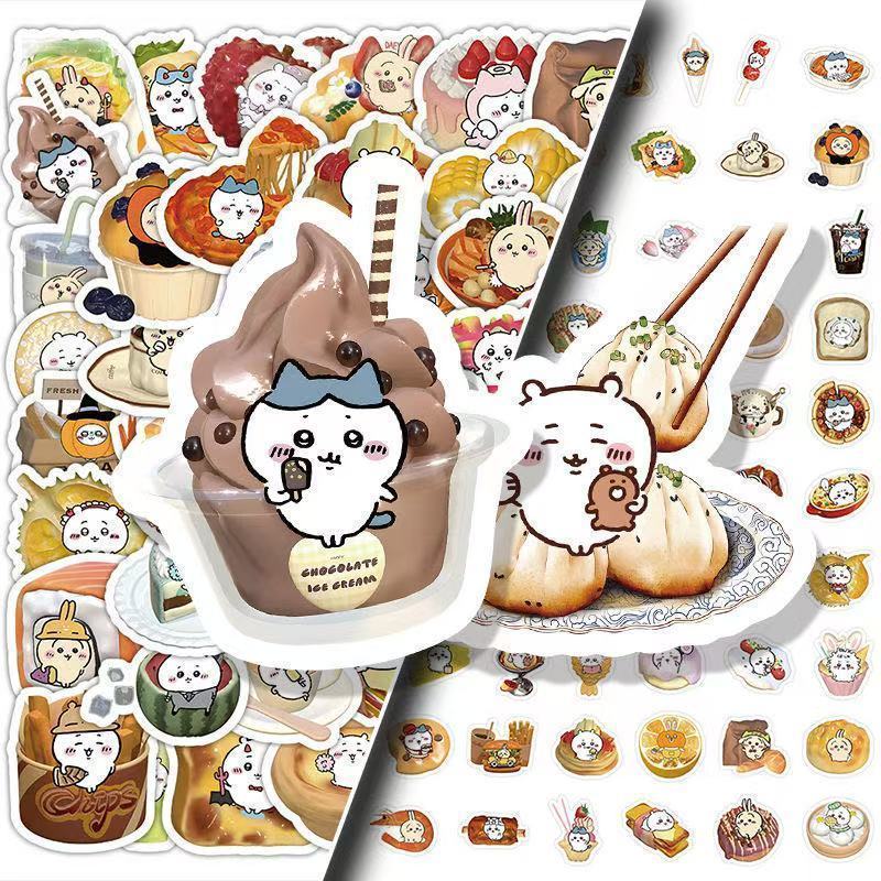 200张chiikawa食物贴纸爆款ins卡通可爱吉伊卡哇手账包装标签贴画