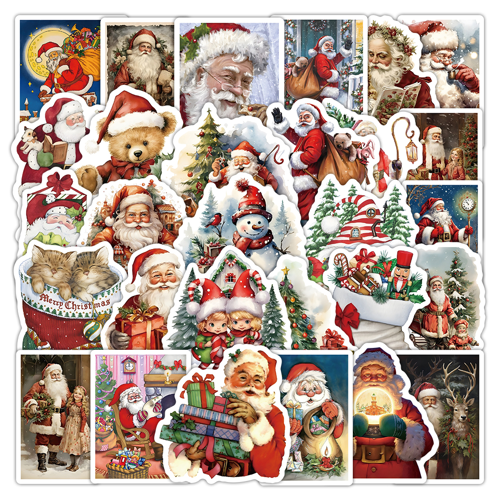 106张复古圣诞节贴纸圣诞老人雪人油画涂鸦装饰水杯桌面防水贴画