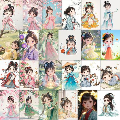 63张古风小女孩贴纸可爱卡通人物中国风装饰手机壳行李箱防水贴画