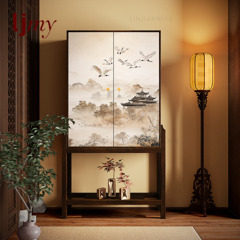 宋式美学实木新中式玄关柜餐边柜入户储物水墨仙鹤画收纳柜高低柜