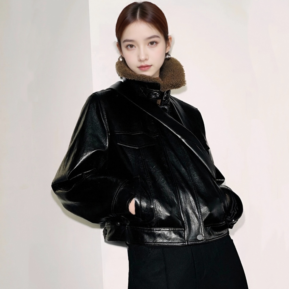 复古港味加绒皮衣黑色机车夹克女