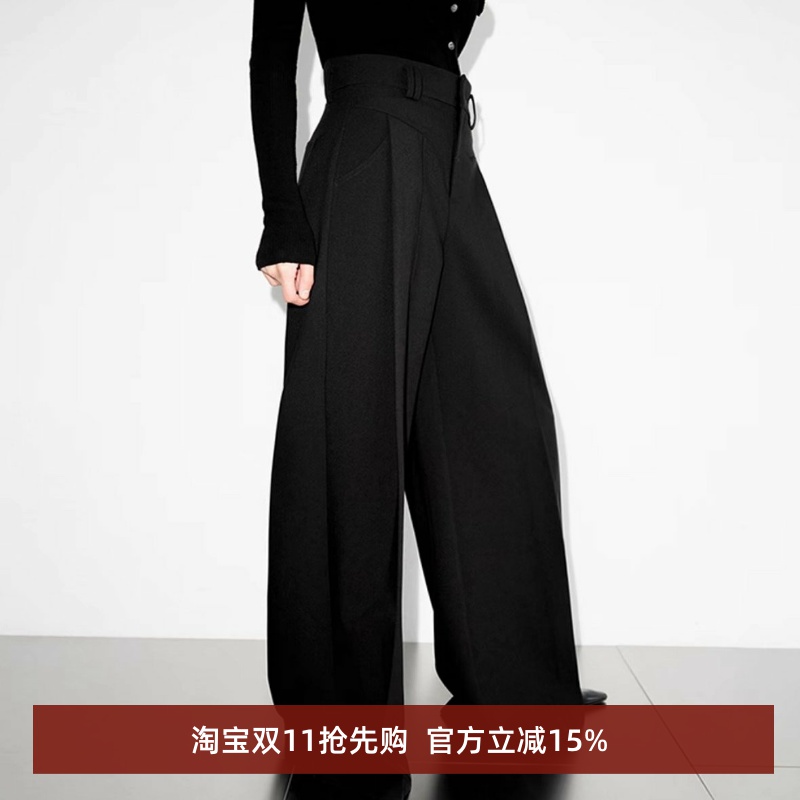 新款口袋设计黑色高腰直筒阔腿裤