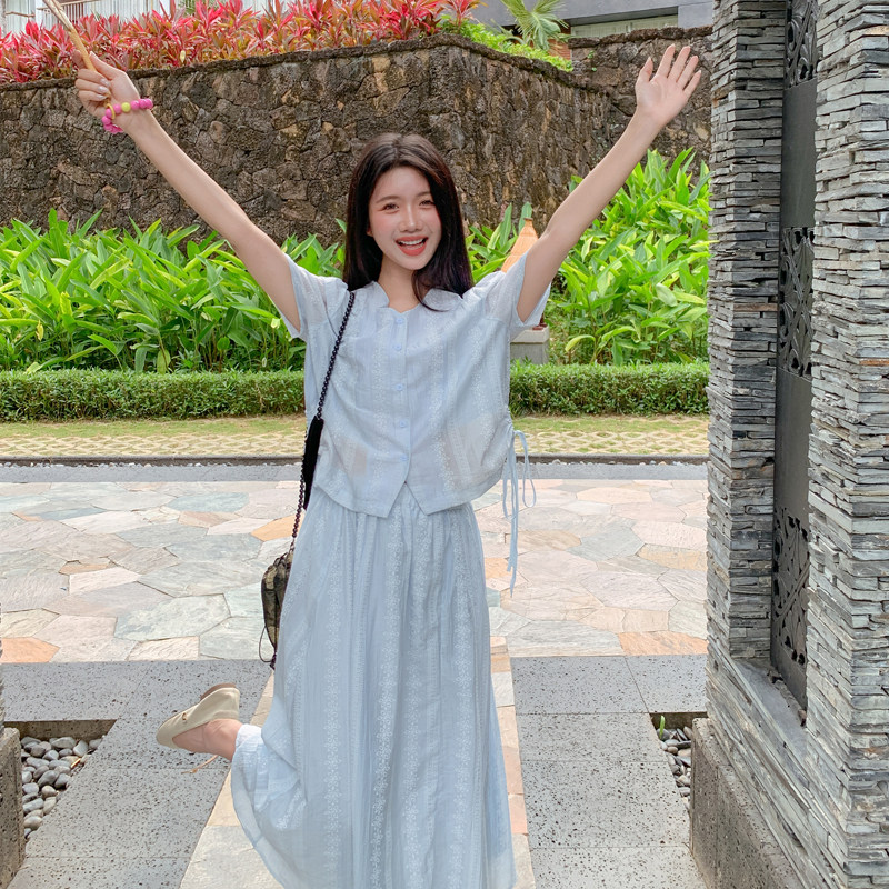浅蓝色甜美温柔风减龄套装女2025年夏季新款显瘦上衣半身裙两件套,女装套装/套裙,浙宝B馆111（原065）