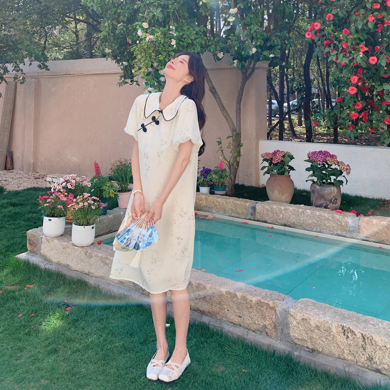 米白色新中式印花连衣裙女2025夏季新款温柔风宽松小个子改良旗袍,女装连衣裙,浙宝B馆111（原065）