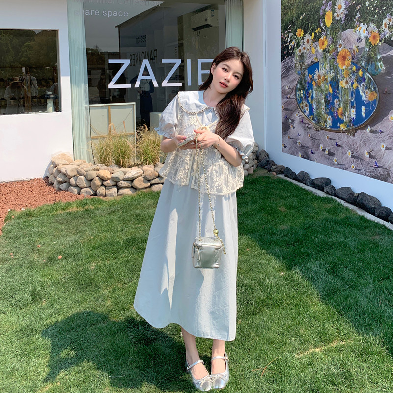 文艺森系法式连衣裙女2025夏季新款韩版宽松收腰马甲衬衫裙两件套,女装套装/套裙,浙宝B馆111（原065）