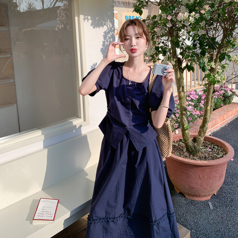藏青色夏日高级感穿搭套装裙女2025新款韩系chic巨好看显瘦两件套,女装套装/套裙,浙宝B馆111（原065）