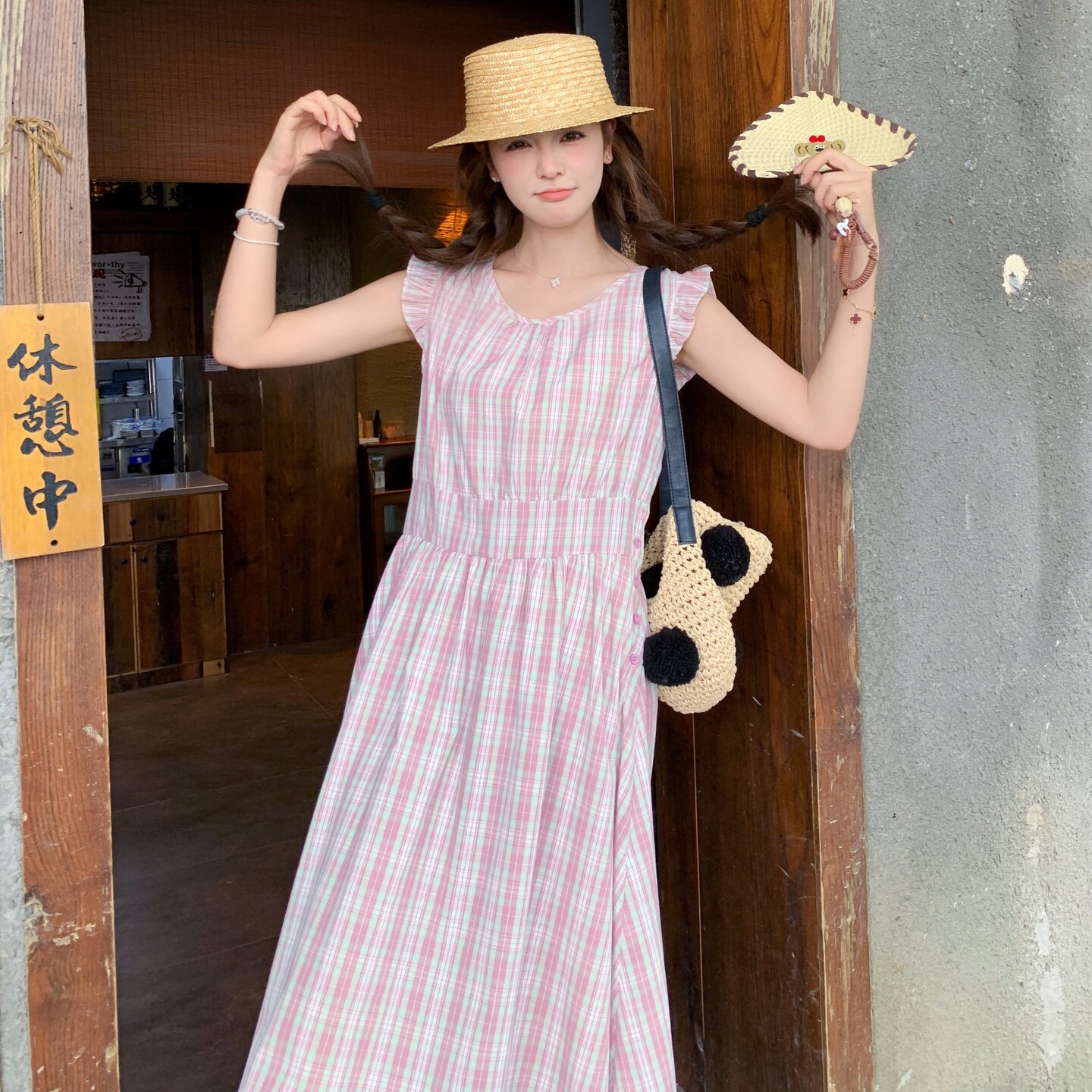 粉色格子无袖连衣裙女2025夏季新款韩系甜美少女感度假风背心长裙,女装连衣裙,浙宝B馆111（原065）
